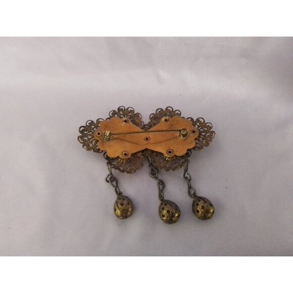 Vintage Filigree Brooch Pin With Red Stones & Dangling Orbs - Picture 3 of 3
